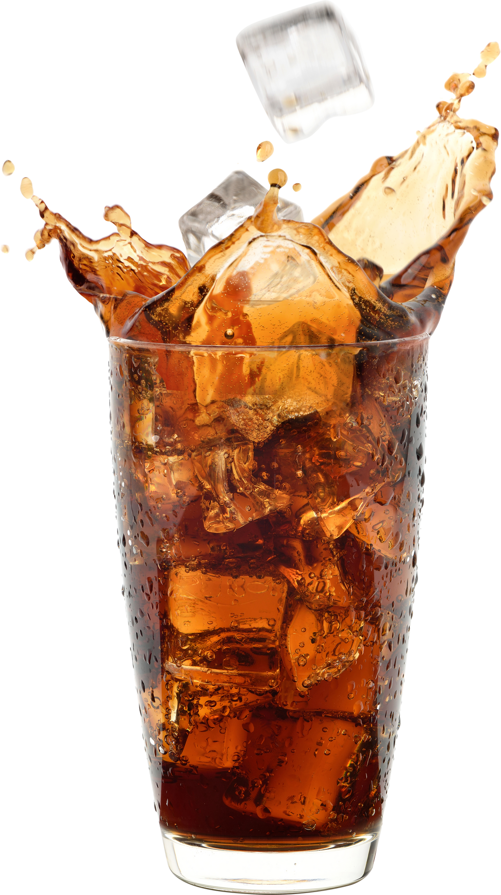 glass cool cola splash with ice falling isolated white background